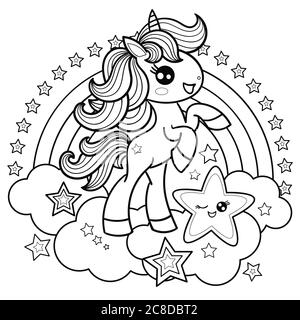 Carino, cartone animato, divertente unicorno su uno sfondo arcobaleno. Animale fantasy. Immagine in bianco e nero. Illustrazione per bambini. Per la progettazione di stampe, poster Illustrazione Vettoriale