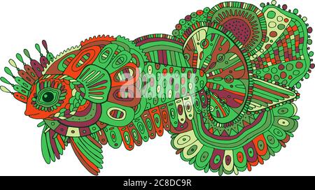 Doodle pesce surreale. Cartoni animati disegnati a mano opere d'arte colorate. Disegno ornamentale a linea di colore. Illustrazione vettoriale. Illustrazione Vettoriale