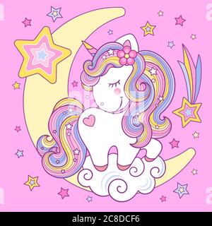 Carino unicorno arcobaleno bianco sulla luna su sfondo rosa. Illustrazione vettoriale per bambini. Per stampe di design. poster, biglietti, adesivi, badge, ecc. Illustrazione Vettoriale