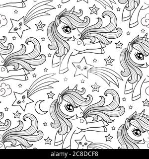 Pattern senza cuciture, simpatico unicorno grafico nel cielo con una stella. Fantasia arte disegnata in stile linea arte. Vettore Illustrazione Vettoriale