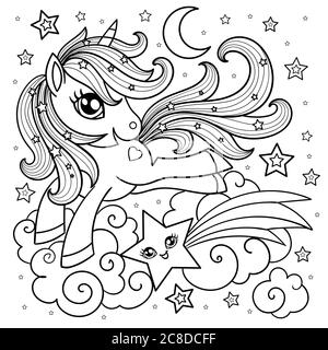 Carino unicorno cartoon su una nuvola con una stella. Bianco e nero. Illustrazione per bambini. Per la progettazione di stampe, poster, libri da colorare, cartoline, s Illustrazione Vettoriale