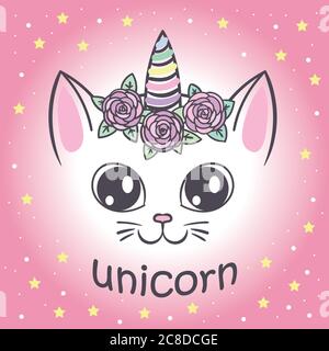 Carino gatto unicorno per il design di poster, T-shirt. Stampa Illustrazione Vettoriale
