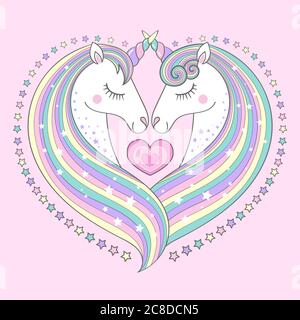 Bella coppia di unicorni in amore. Composizione a forma di cuore. Colori pastello. Per la progettazione di stampe, poster, biglietti, adesivi e così via. Vettore il Illustrazione Vettoriale