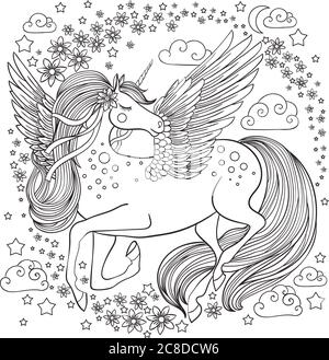 Un bellissimo unicorno con fiori e stelle. Illustrazione vettoriale. Illustrazione Vettoriale