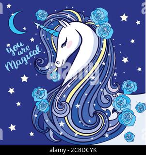 Sei magico. Una bella unicorno con una lunga manica, su sfondo blu. Illustrazione vettoriale Illustrazione Vettoriale