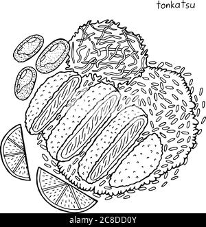 Tonkatsu - illustrazione giapponese dell'inchiostro alimentare. Grafica in bianco e nero. Pagina da colorare per adulti. Illustrazione vettoriale. Illustrazione Vettoriale