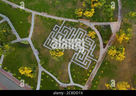 Un labirinto di siepi circondato da sentieri, alberi e cespugli. Vista drone. Un labirinto in un parco verde estivo di Kiev. Foto Stock