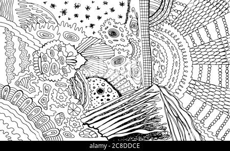 Linea Zendoodle art. Pagina da colorare per adulti. Disegno astratto con motivi floreali. Stile bohemien e hippie. Illustrazione vettoriale. Illustrazione Vettoriale