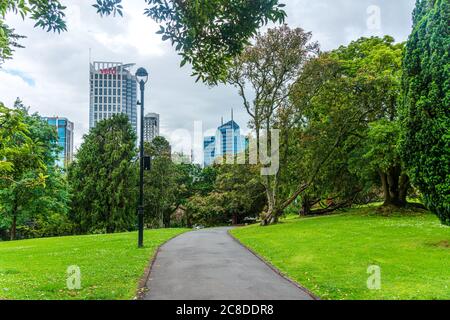 Albert Park a Auckland, Nuova Zelanda. Vista sui grattacieli del CBD attraverso il parco verde in primavera. Edificio di uffici vero Foto Stock