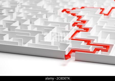 Rendering 3d: Concetto - risoluzione di un problema complesso. Labirinto bianco con percorso rosso con freccia. Immagine chiave alta Foto Stock