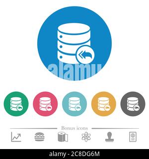 Icone bianche piatte di loopback del database su sfondi rotondi. 6 icone bonus incluse. Illustrazione Vettoriale