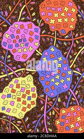 Timo - illustrazione floreale. Disegno di pianta colorato. Grafica psichedelica multicolore line art. Illustrazione Vettoriale