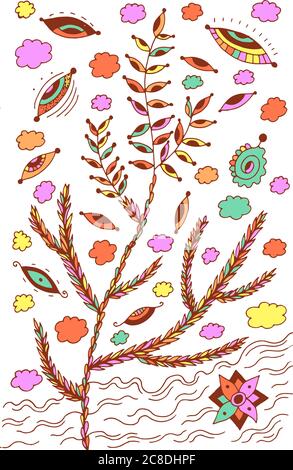 Heather - illustrazione floreale. Disegno di pianta colorato. Grafica psichedelica multicolore line art. Illustrazione Vettoriale