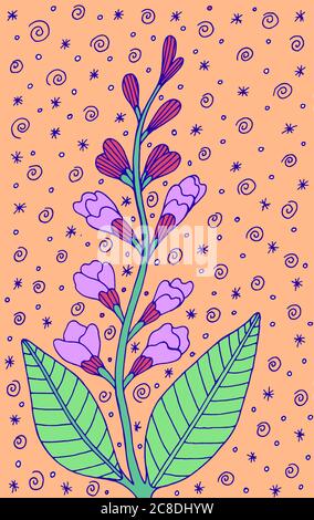 Salvia - illustrazione floreale. Disegno di pianta colorato. Grafica psichedelica multicolore line art. Illustrazione Vettoriale