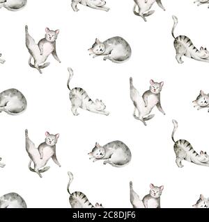 Acquerello senza giunture modello con carino cartone animato gatti per bambini su sfondo bianco. Carta scrapbooking per bambini e wallwaper design. Foto Stock