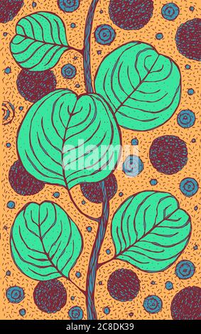 Eucalipto - illustrazione floreale. Disegno di piante colorate. Grafica psichedelica multicolore line art. Illustrazione Vettoriale