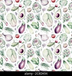 Verdure acquerello senza cuciture motivo di carciofo fresco, peperone e avocado verdure. Melanzane, porri e broccoli tessuto natura vegetariana Foto Stock