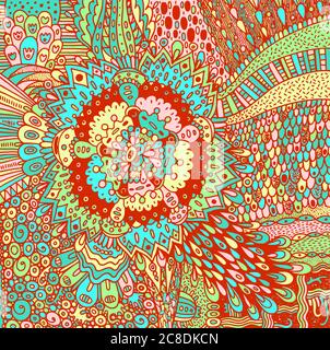 Mandala fiore. Illustrazione colorata di hippie psichedelica. Colori pastello. Doodle ornamento floreale. Arte per il relax. Disegno di linea. Grafica vettoriale. Illustrazione Vettoriale