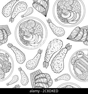 Bella cucina giapponese, grande design per tutti gli scopi. Disegno di linea Doodle vettore motivo senza giunture. Menu alla moda. Disegno di schizzo. Giapponese e. Illustrazione Vettoriale