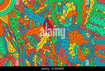 Mandala floreale e foglie. Doodle colorato folk festival volantino. Modello di doodle astratto. Arte psichedelica Arte vettoriale. Illustrazione Vettoriale