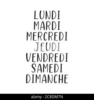 Giorni della settimana con lettere a mano in francese. Lettere per Calendario, Organizzatore, Planner. Illustrazione Vettoriale