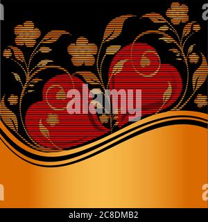 illustrazione vettoriale di un ornamento floreale a righe dorate con due cuori Illustrazione Vettoriale