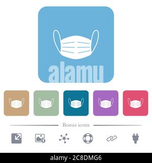 Medical face mask white flat icons on color rounded square backgrounds. 6 bonus icons included Illustrazione Vettoriale