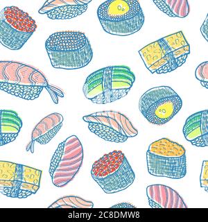 Sushi senza cuciture. Disegnare un'illustrazione colorata. Sushi e Rolls ornamento. Pesce giapponese. Sfondo per il design del menu del ristorante. Illusione vettoriale Illustrazione Vettoriale