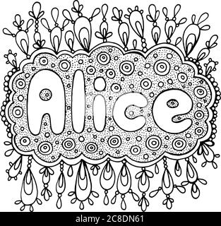 Pagina da colorare per adulti con il nome di Alice ragazza. Design del biglietto di auguri. Doodle scritte. Illustrazione del mandala di terapia dell'arte. Linea bianco e nero art. V Illustrazione Vettoriale