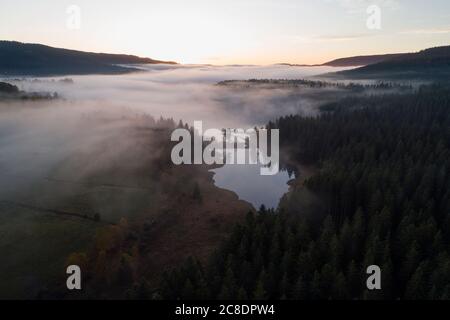 Germania, Baden-Wurttemberg, Drone vista del lago Schluchsee avvolta da una fitta nebbia all'alba Foto Stock