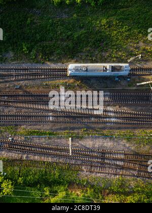 Russia, Leningrado Oblast, Tikhvin, vista aerea della locomotiva stazionaria Foto Stock