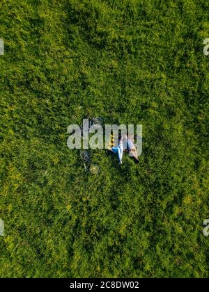 Coppia adagiata sull'erba, vista aerea Foto Stock