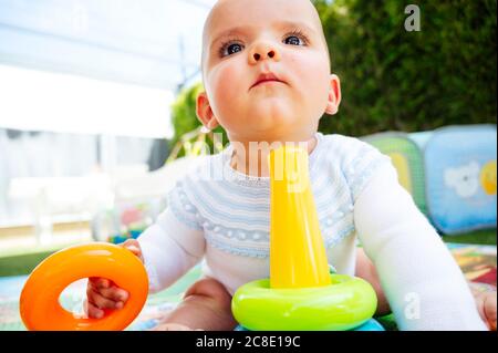Primo piano di cute baby boy che gioca con i giocattoli mentre si siede a casa Foto Stock
