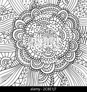 Flfloreale doodle trippy psichedelico mandala artwork. Disegno realistico in bianco e nero. Pagina da colorare antistress per adulti. Illustrazione vettoriale. Illustrazione Vettoriale