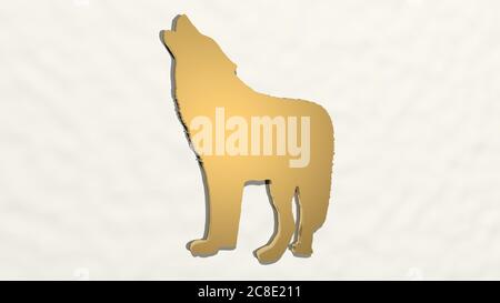 WOLF da una prospettiva sul muro. Una scultura spessa realizzata in materiali metallici di rendering 3D, illustrazione e animale Foto Stock