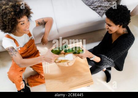 Due amici che tostano con bottiglie di birra a casa Foto Stock