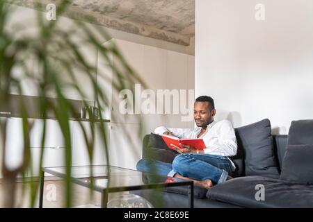 Ritratto di uomo seduto sul divano in lettura appartamento moderno un libro Foto Stock