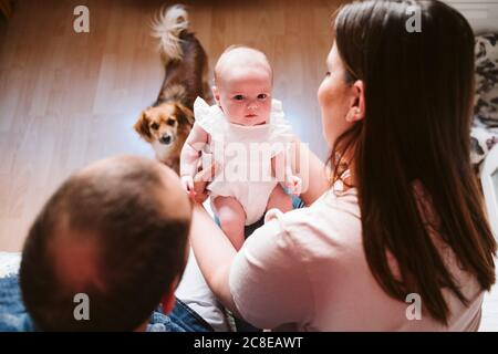 Cute bambino con i genitori ed il cane in soggiorno a. casa Foto Stock