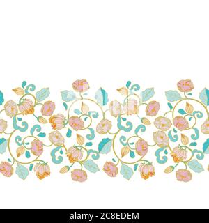 Vector Royal barocco intarsia stile pastello bordo floreale, design senza cuciture con fiori storici disegnati a mano su sfondo bianco. Natura sfondo. Disegno di ripetizione di superficie. Illustrazione Vettoriale