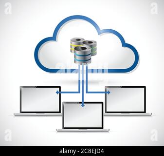 Server di cloud computing connessi a notebook. Illustrazione del design su bianco Illustrazione Vettoriale