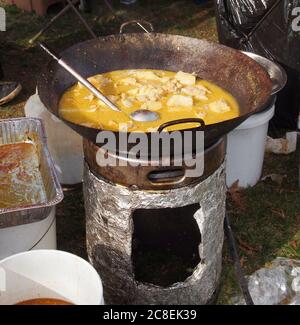 Pezzi di pollo disossato in una salsa gialla stanno cucinando all'aperto in un grande wok sopra una griglia make-shift in un campeggio. Foto Stock