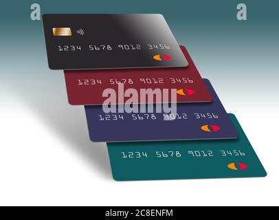 Qui sono le carte di credito generiche impilate insieme in una formazione interessante. Foto Stock
