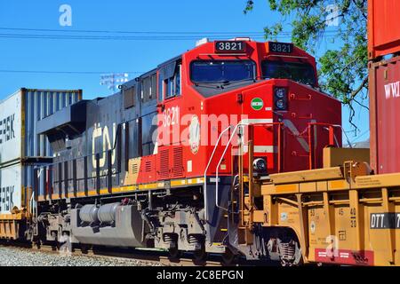 Chicago Ovest, Illinois, Stati Uniti. Una locomotiva ferroviaria nazionale canadese inserita all'interno di un trasporto intermodale come unità di potenza distribuita (DPU). Foto Stock