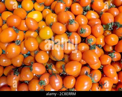piccoli pomodori arancioni nel supermercato Foto Stock