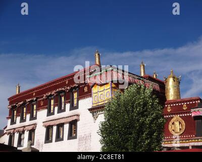 tempio con albero di fronte in Tibet in giorno di sole Foto Stock