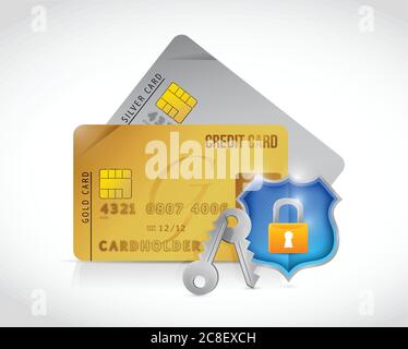 Carte di credito sicure protezione di blocco schermo disegno illustrazione su uno sfondo bianco Illustrazione Vettoriale