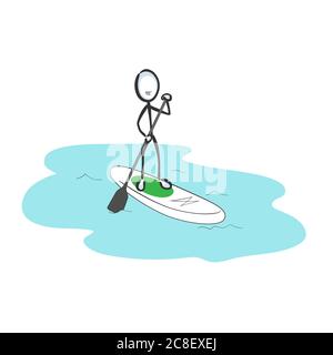 Tavola da paddle SUP stand up. Vettore semplice surf sport. Stickman nessun fumetto clipart del viso. Disegnata a mano. Schizzo di Doodle, illustrazione grafica Illustrazione Vettoriale