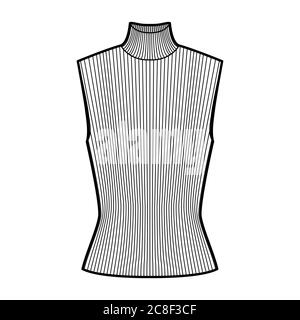 Maglia a costola con struttura a collo di tegolo, figura tecnica di moda con corpo montato, ponticello senza maniche. Modello di abbigliamento per camicia piatta, colore bianco. Donne, uomini unisex top CAD mockup Illustrazione Vettoriale