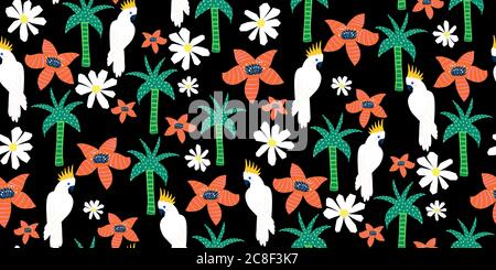 Cockatoo uccelli tropicali senza cuciture modello. Sfondo ripetuto con pappagalli esotici tra fiori rossi e palme su nero. Fauna selvatica hawaiana Foto Stock