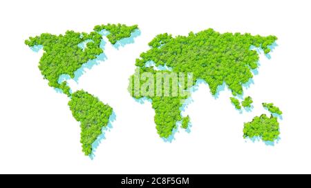 Mappa del mondo in fitta foresta pluviale. Alberi e vegetazione verde. Sfondo bianco. Rendering 3D Foto Stock